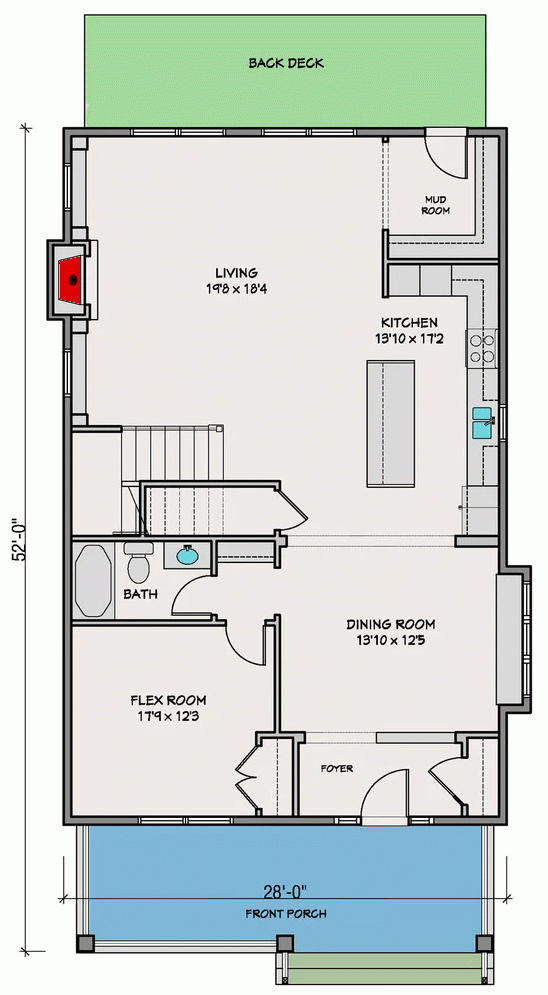 Rectangular House Plan With Flex Room On Main And Upstairs Laundry  - Floor Plan Two Story Rectangular House