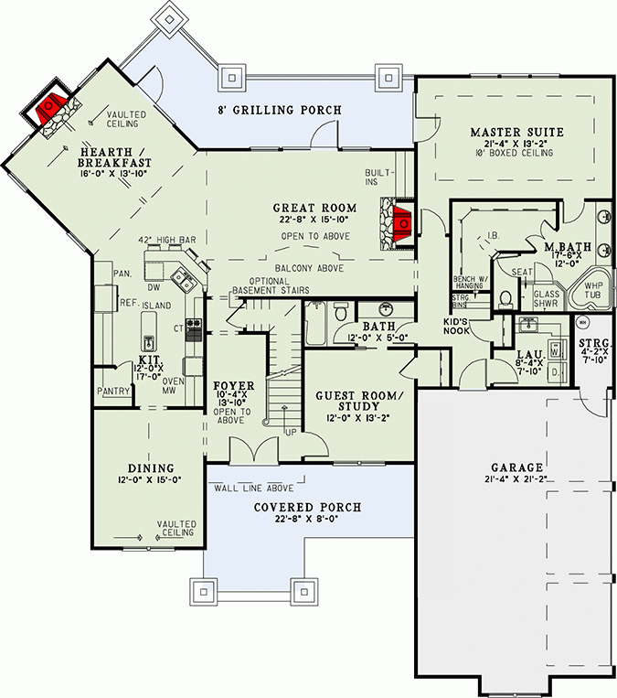 Rugged Craftsman Home Plan With 2 Story Great Room And Angled Hearth  - 2 Story House Plans With Hearth Room