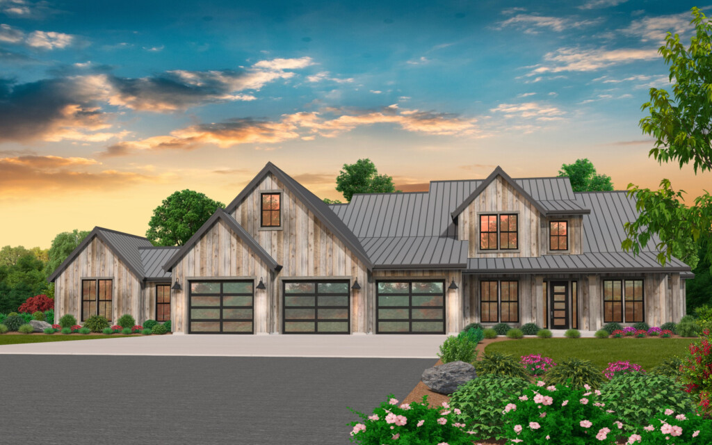 Shamrock House Plan One Story Large Open Volume Rustic Farmhouse Home  - One Story Rustic House Plans