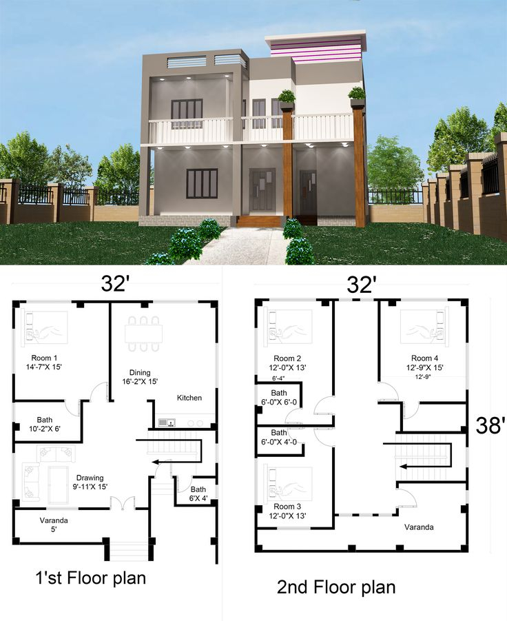 Simple 2 Storey House Design With Floor Plan 32 X40 4 Bed Room 2  - 2 Story House Simple Floor Plans