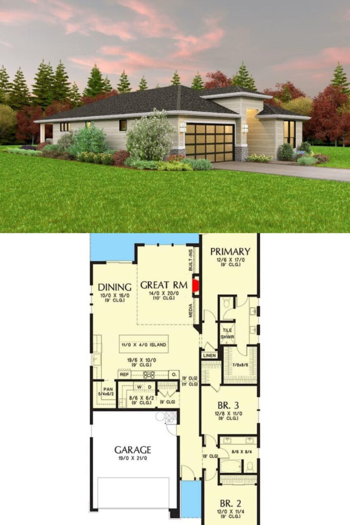 Single Story 3 Bedroom Contemporary Home For A Narrow Lot Floor Plan  - Single Story House Plans For Narrow Lots