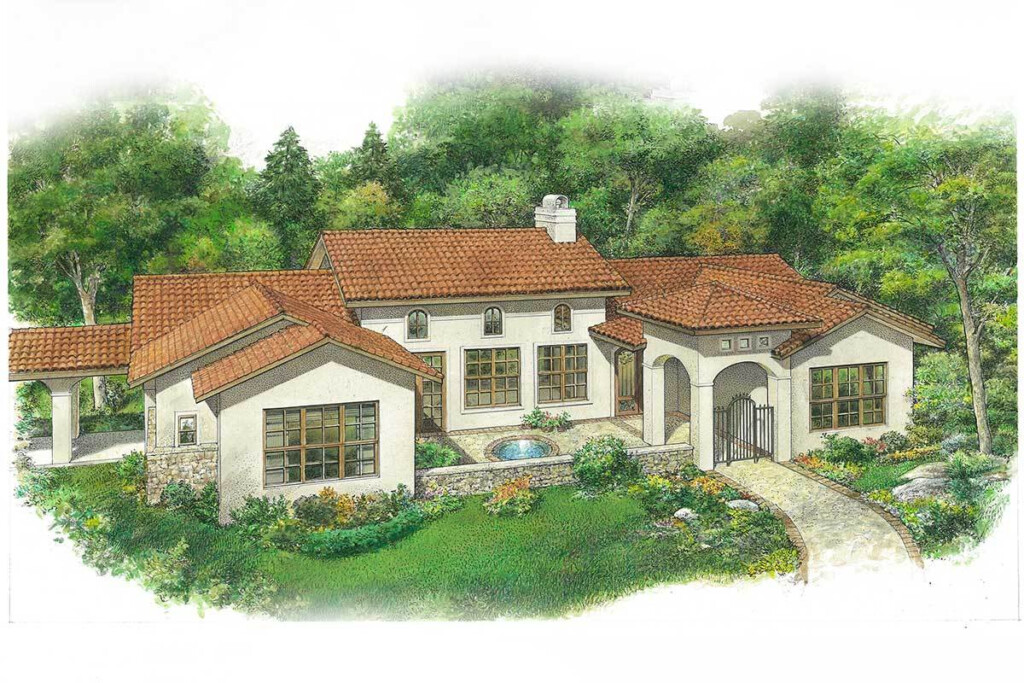 Single Story 3 Bedroom Spanish Style House With Front Courtyard House  - Single Story Spanish Style House Plans