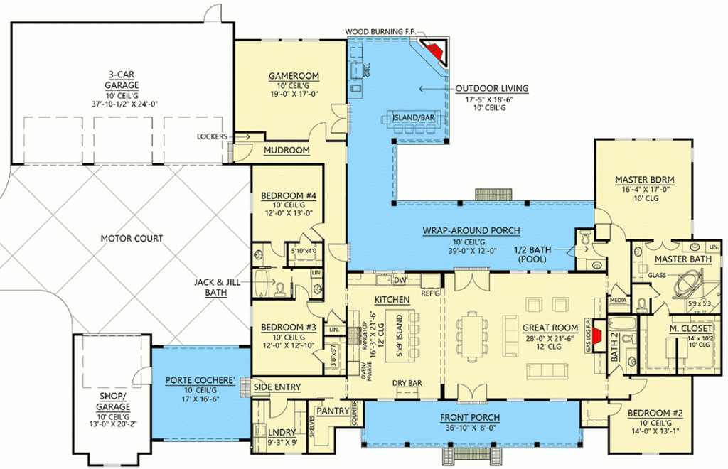 Single Story 4 Bedroom Country Classic Home With Porte Cochere  - Single Story House Plans With Porte Cochere