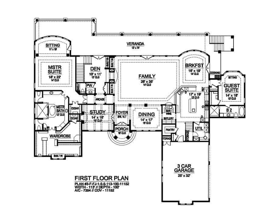 Sprawling 5 Bedroom Single Story Mansion With Tile Roof Floor Plan  - Single Story Mansion House Plans