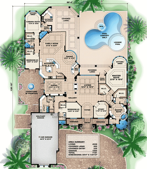 Sprawling One Story Mediterranean House Plan With Cabana 66075WE  - Sprawling One Story House Plans