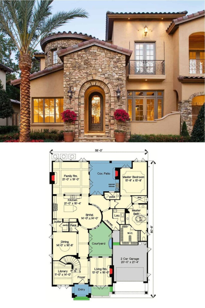 Stunning Mediterranean Exterior Of This 2 Story 4 Bedroom European  - 2 Story House Plans With Real Pictures