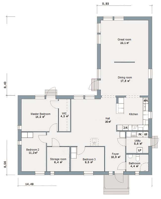 TD 41201 1 3 Single Story L shaped Scandinavian House Plan - Single Story L Shaped House Plans