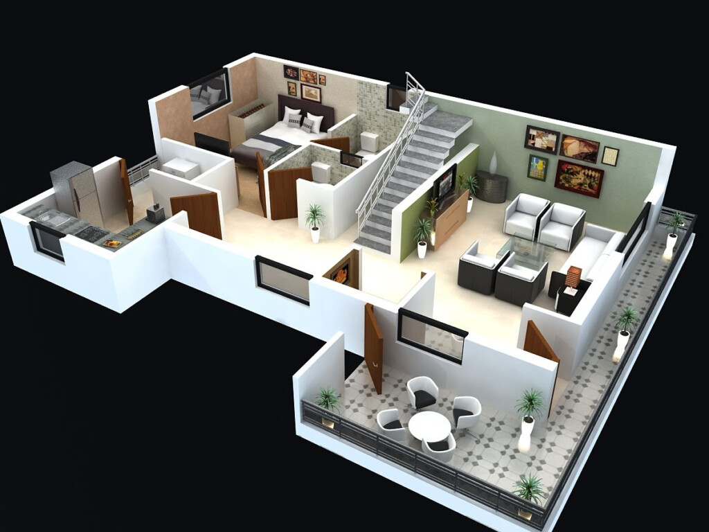 This Is A 3d View Of A House With The Living Room And Kitchen In It - Modern 2 Story House Floor Plans 3D