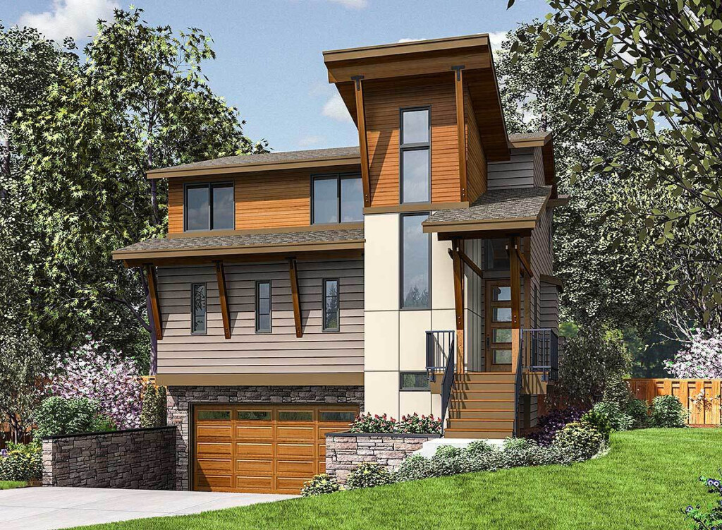 Three Story Modern House Plan Designed For The Narrow Front Sloping Lot  - Three Story House Plans