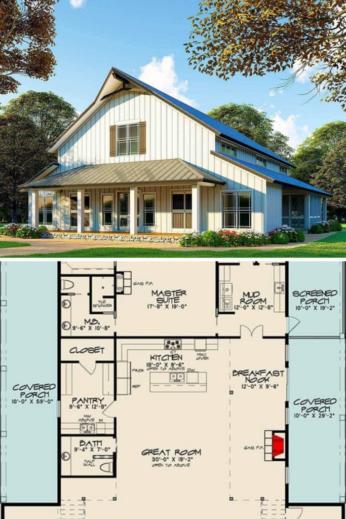 Two Story 3 Bedroom Barndominium Inspired Country Home Floor Plan  - 20 X 40 2 Story Barn Style House Plans