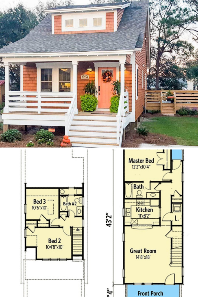 Two Story 3 Bedroom Bungalow Home Floor Plan Small Cottage House  - Bungalow House Plans 2 Story