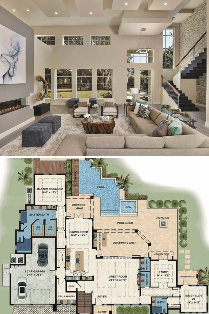 Two Story 4 Bedroom Modern Florida Home Floor Plan Artofit - 4 Bedroom Two Story Mansion House Plans Home Theater