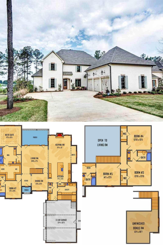 Two Story 5 Bedroom Southern Home Floor Plan French Country House  - French Country Two Story House Plans Narrow Lots