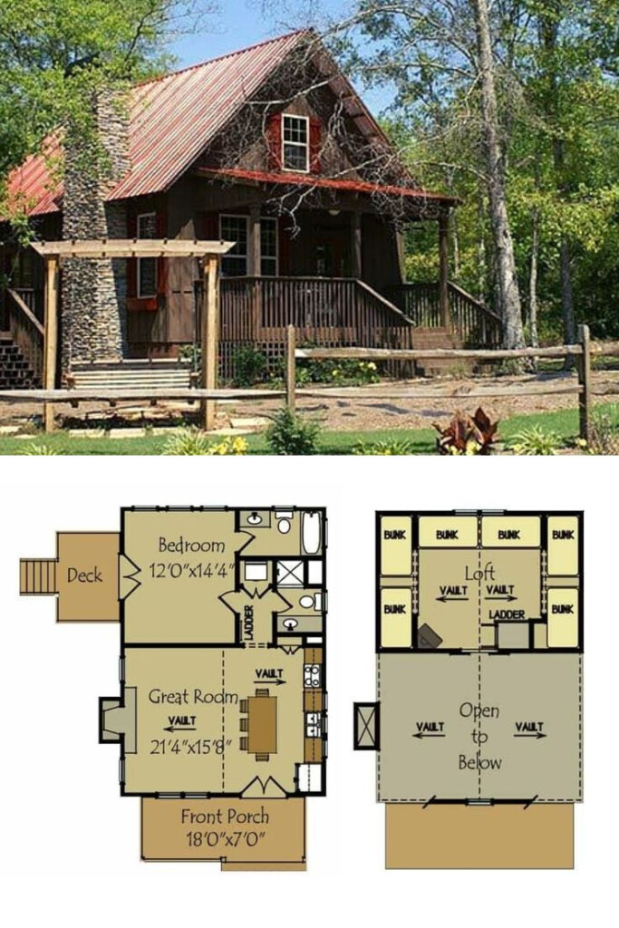 Two Story Log Cabin With Loft And Open Floor Plan For The Front Porch  - Deck Designs For 2 Story Cabin Style House Plans